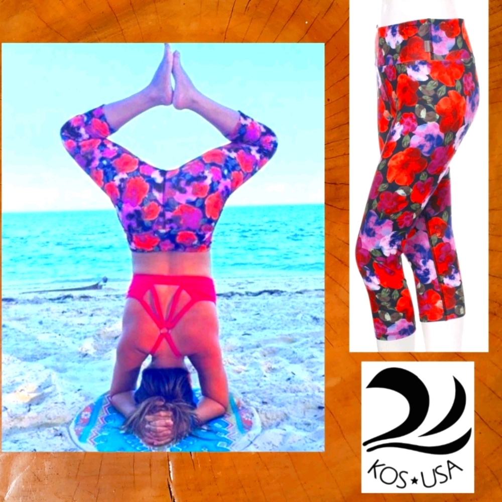 KOS USA Navy Poppy print wide band studio cropped legging